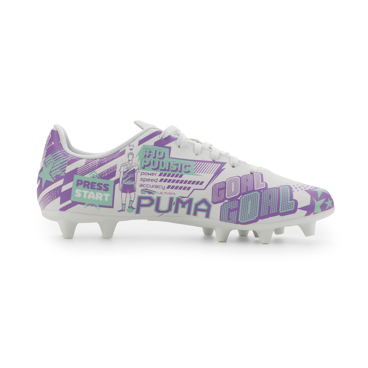 9 Colores, Tacos de futbol juveniles ULTRA CP LEGACY FG/AG – PUMA White-Purple Glimmer-Mint Jelly – vista 7