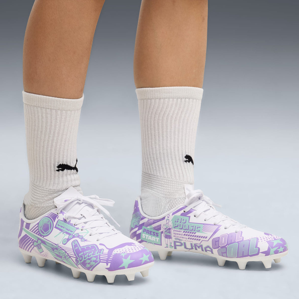 9 Colores, Tacos de futbol juveniles ULTRA CP LEGACY FG/AG – PUMA White-Purple Glimmer-Mint Jelly – vista 2