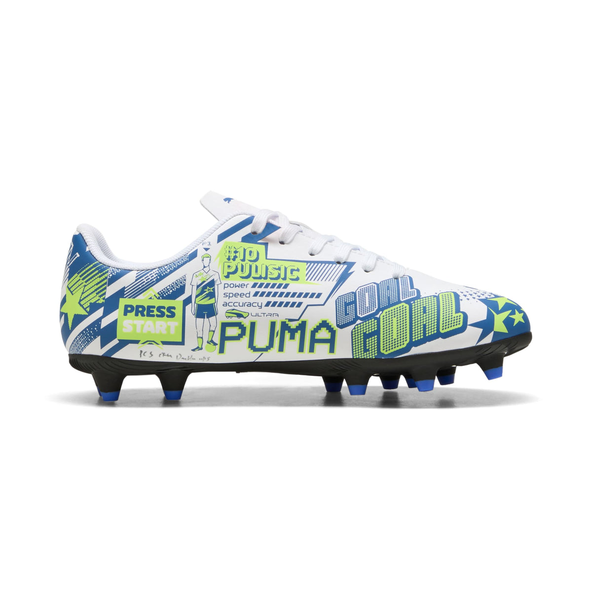 9 Colores, Tacos de futbol juveniles ULTRA CP LEGACY FG/AG – PUMA White-Lake Blue-Yellow Alert – vista 5
