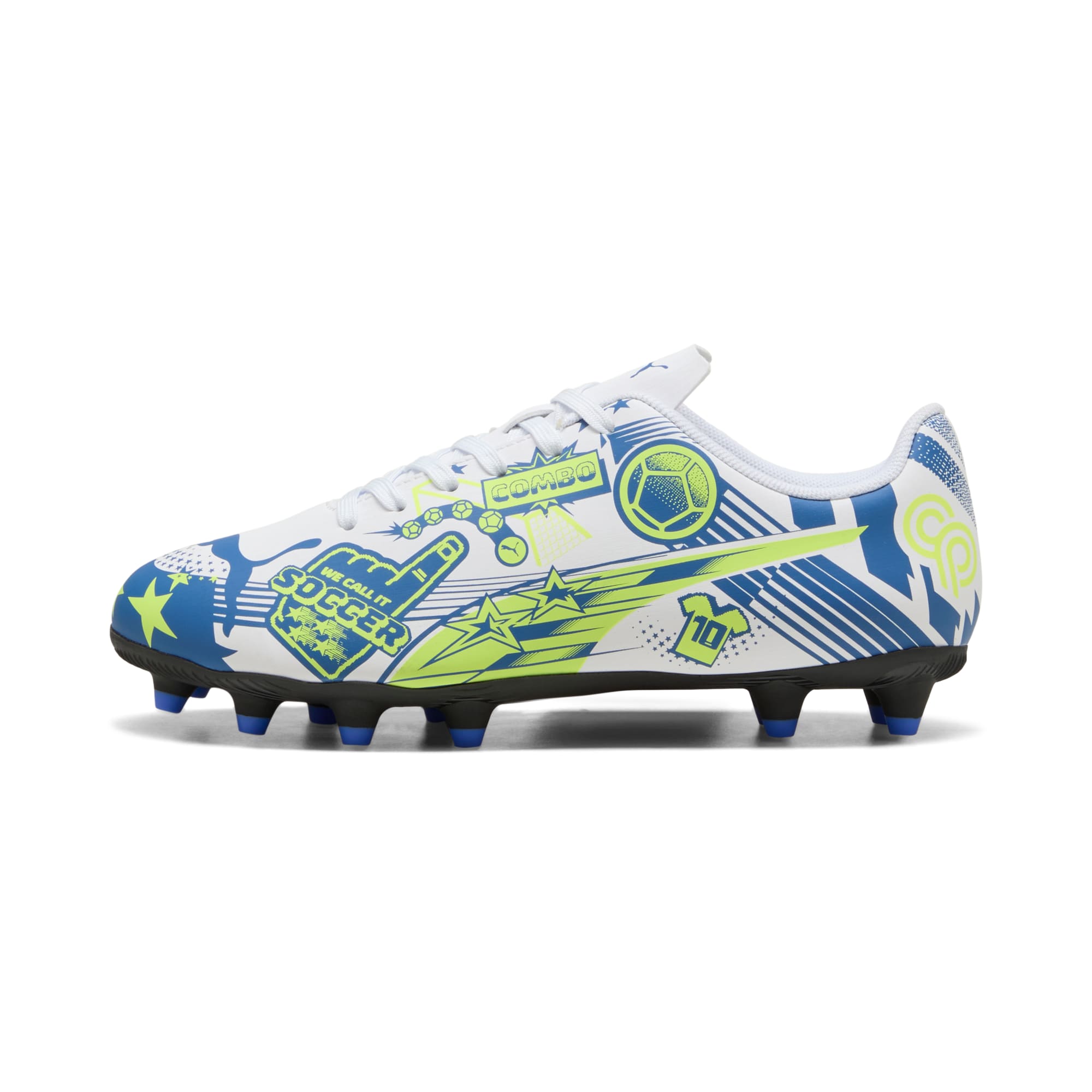 9 Colores, Tacos de futbol juveniles ULTRA CP LEGACY FG/AG – PUMA White-Lake Blue-Yellow Alert – vista 1