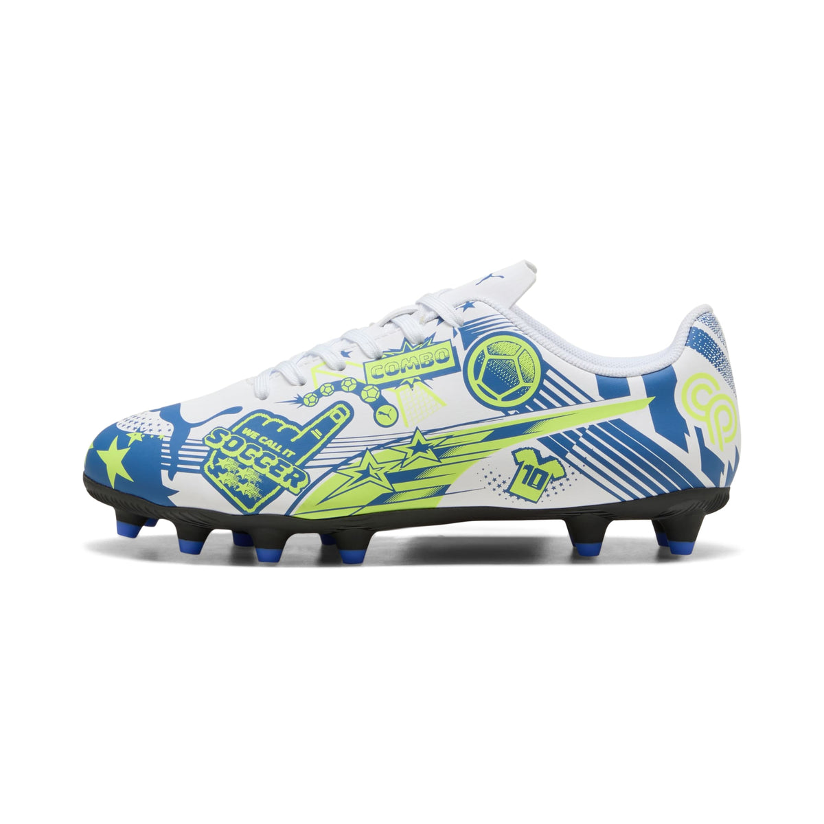 9 Colores, Tacos de futbol juveniles ULTRA CP LEGACY FG/AG – PUMA White-Lake Blue-Yellow Alert – vista 1