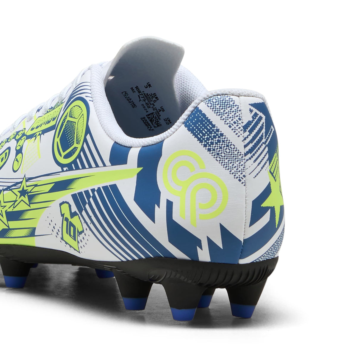 9 Colores, Tacos de futbol juveniles ULTRA CP LEGACY FG/AG – PUMA White-Lake Blue-Yellow Alert – vista 3