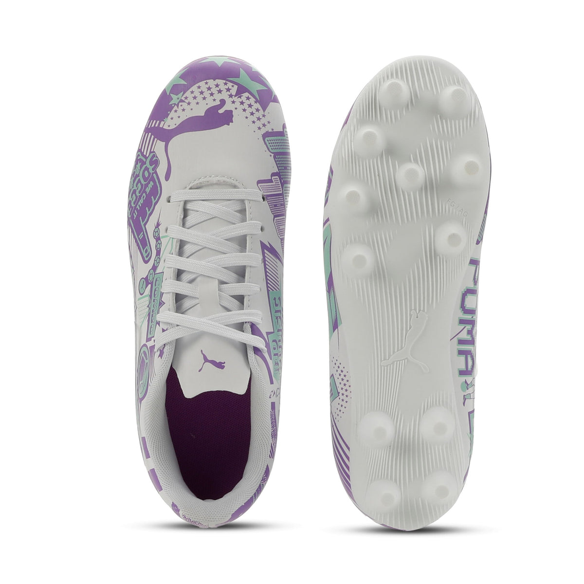 9 Colores, Tacos de futbol juveniles ULTRA CP LEGACY FG/AG – PUMA White-Purple Glimmer-Mint Jelly – vista 6