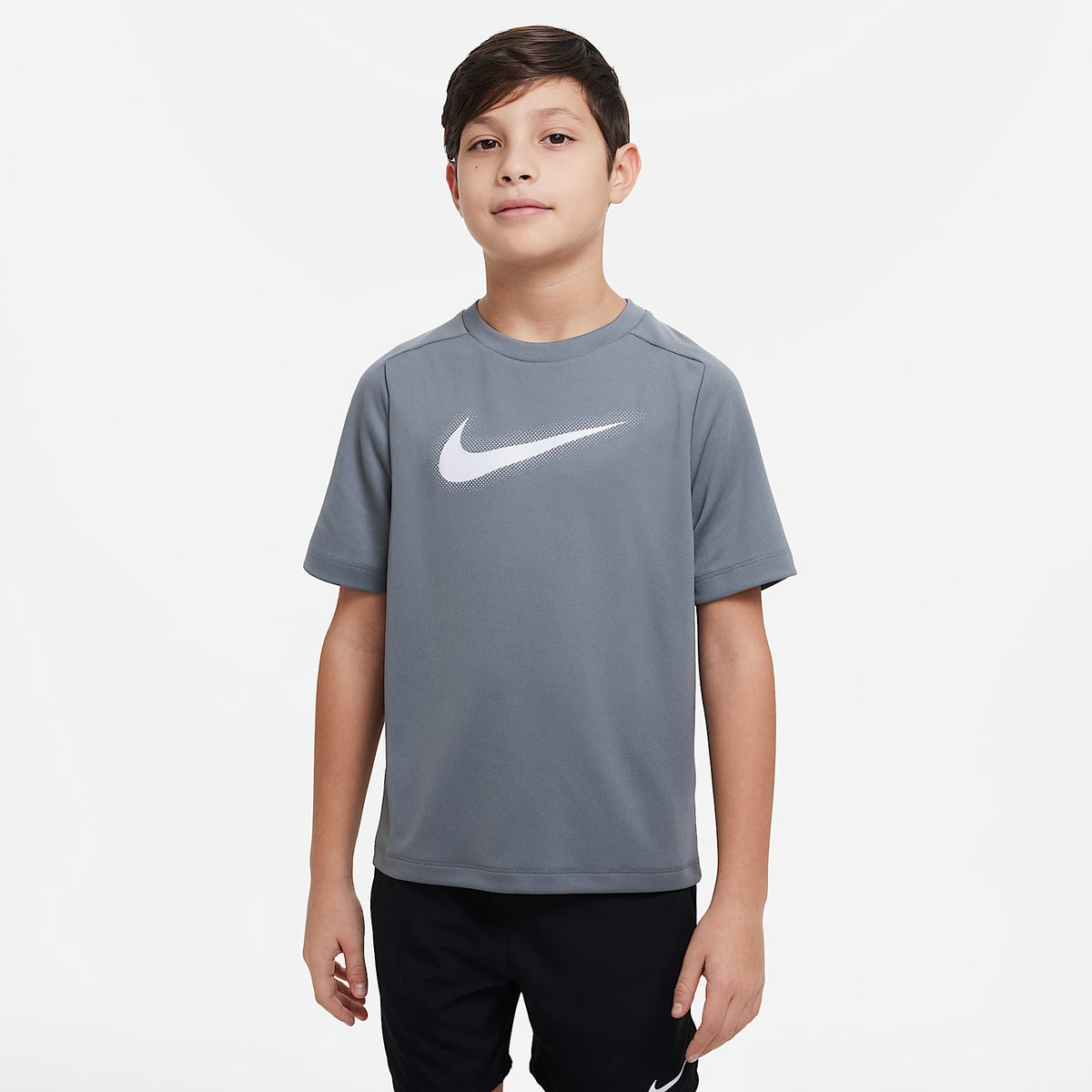 Playera de entrenamiento con gráfico Dri-FIT para niño talla grande Nike Multi – Gris humo/Blanco – vista 1