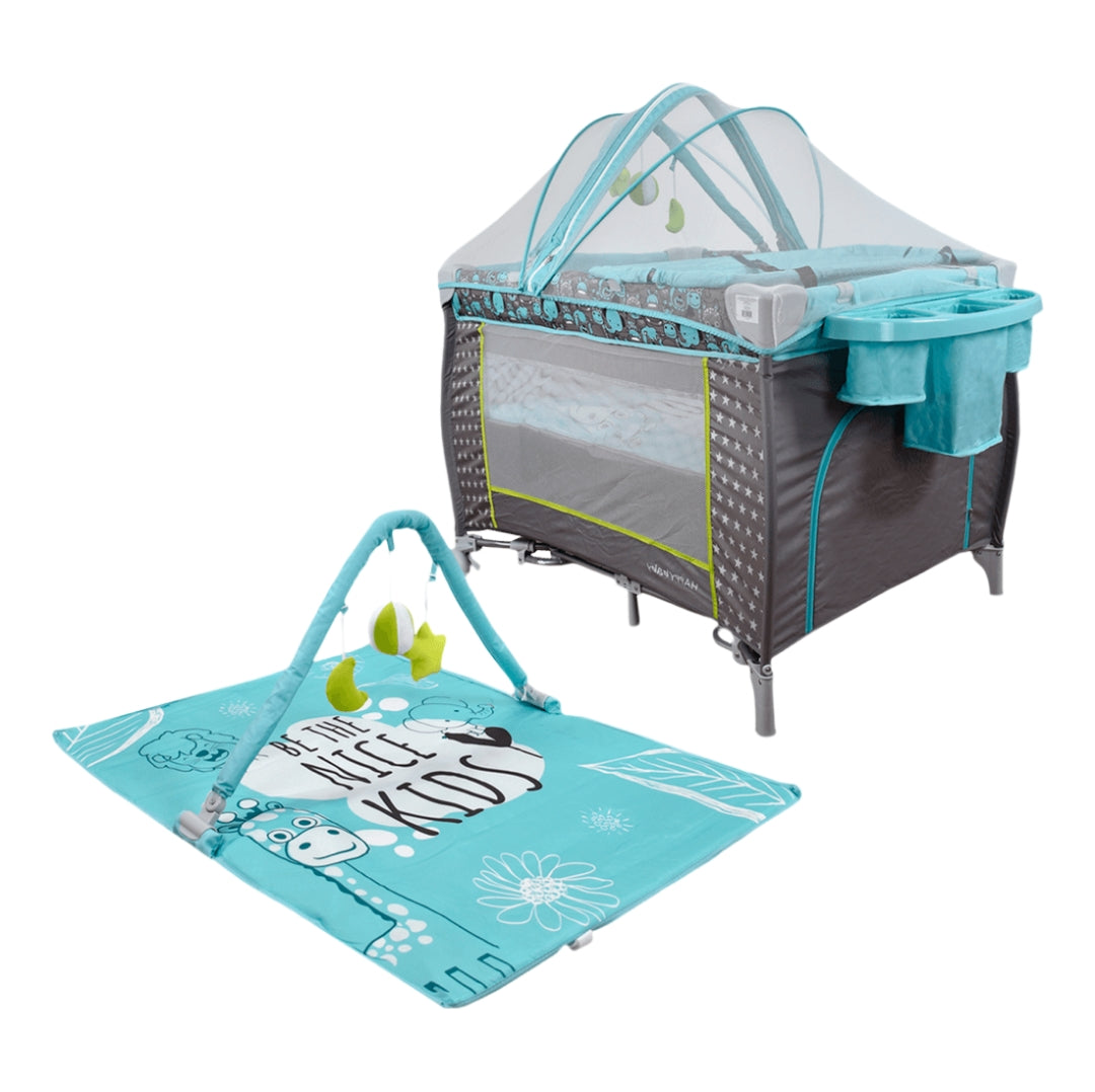 Corral Cuna Mecedora 3 en 1 Miami Celeste y Gris - Happy Baby