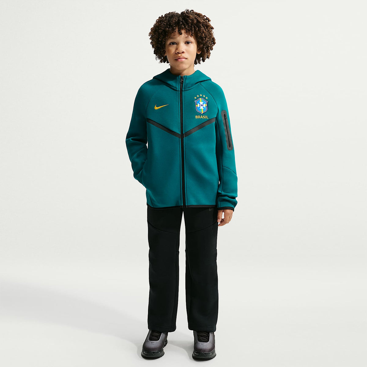 Sudadera con gorro de fútbol Nike de cierre completo para niño talla grande Brazil Tech Fleece – Azul verdoso geoda/Oro medio oeste – vista 4