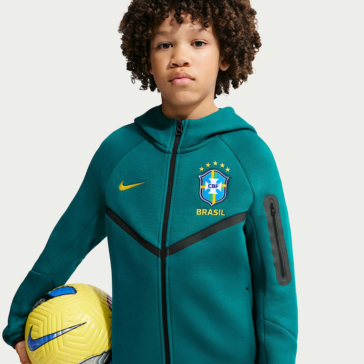 Sudadera con gorro de fútbol Nike de cierre completo para niño talla grande Brazil Tech Fleece – Azul verdoso geoda/Oro medio oeste – vista 1