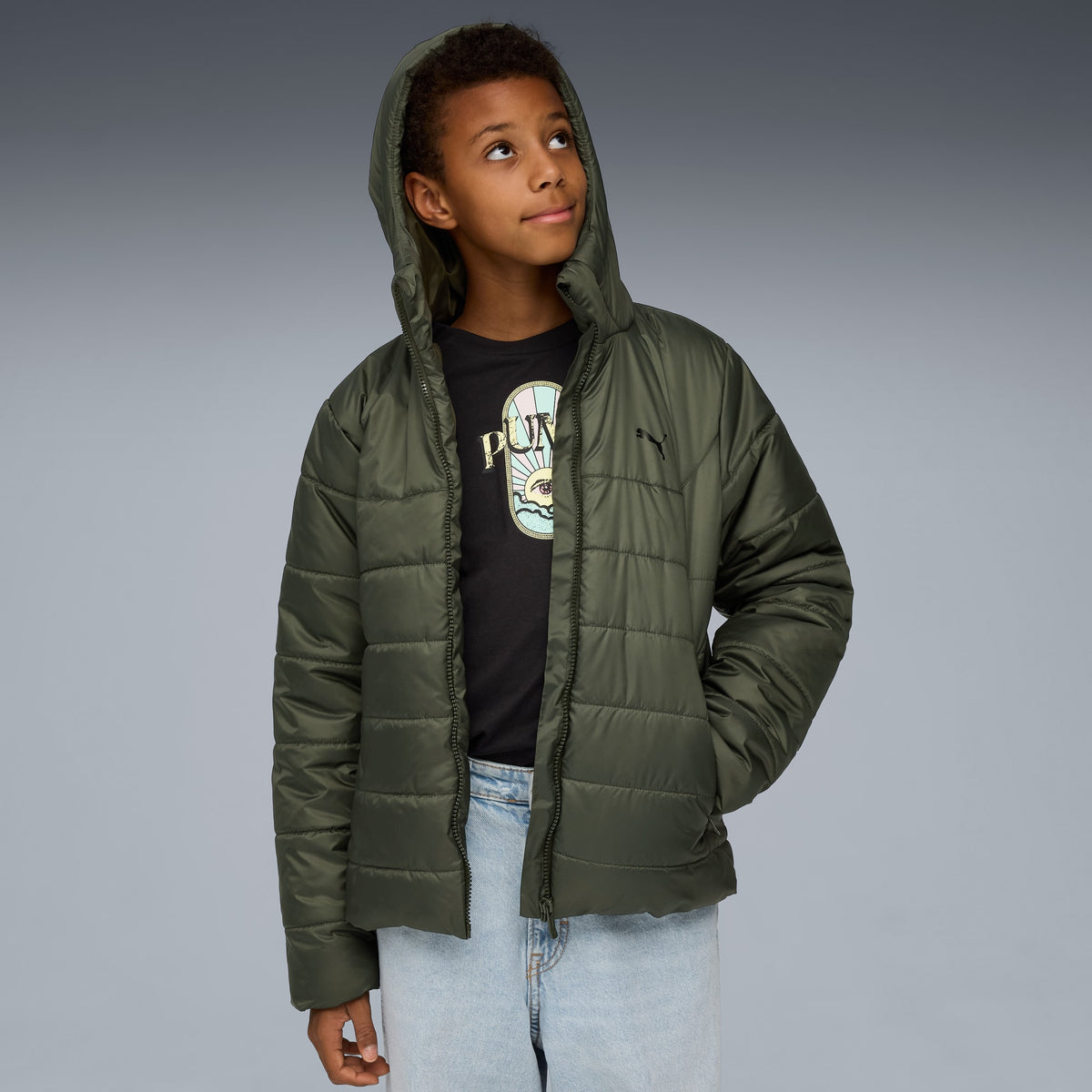 Chamarra acolchada con capucha juvenil Essentials – Dark Olive – vista 1