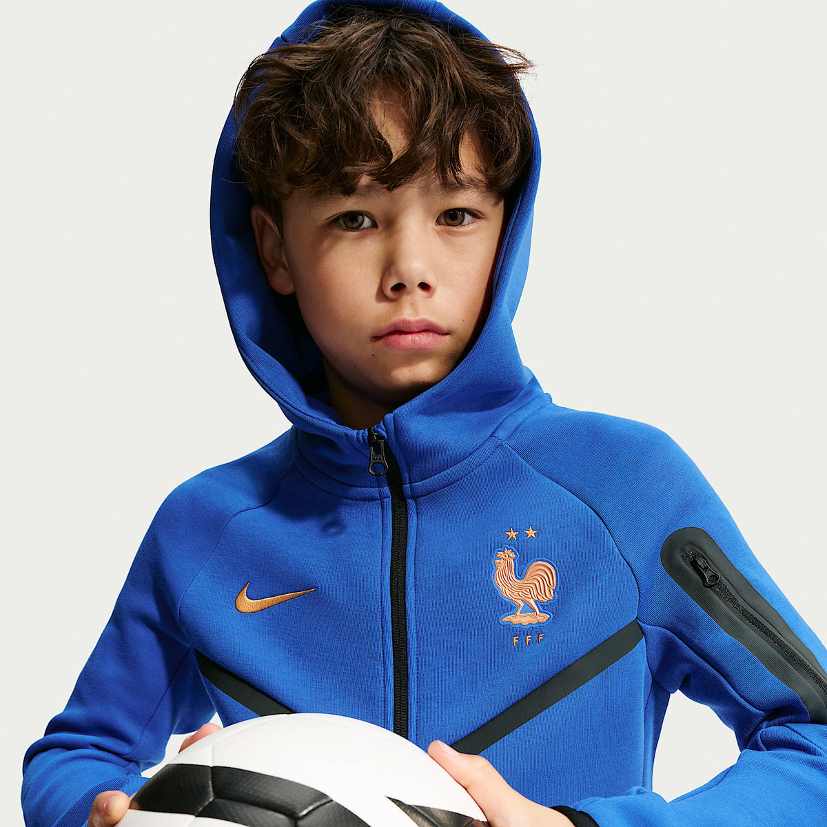 Sudadera con gorro de fútbol Nike de cierre completo para niños talla grande Francia Tech Fleece – Royal juego/Cobre metálico – vista 3