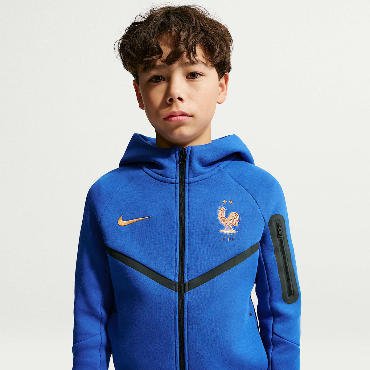 Sudadera con gorro de fútbol Nike de cierre completo para niños talla grande Francia Tech Fleece – Royal juego/Cobre metálico – vista 1