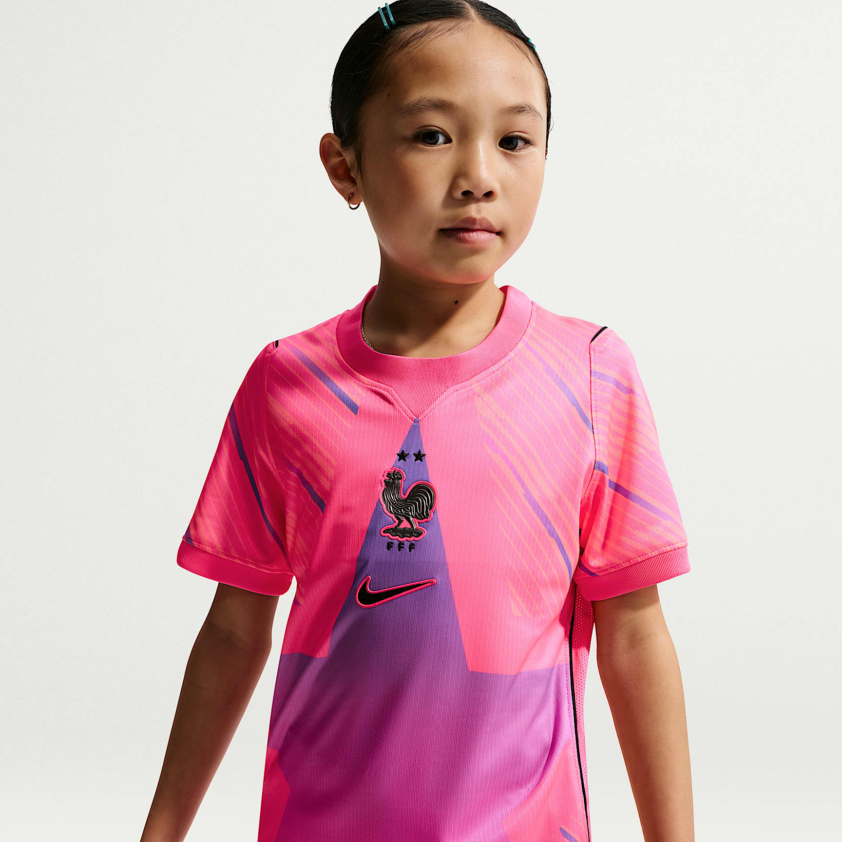 Jersey de fútbol de manga corta Nike Dri-FIT Replica de Francia portero 2026 Stadium para niños talla grande – Hiperrosa/Puesta de sol pulso/Violeta brillante/Negro – vista 2