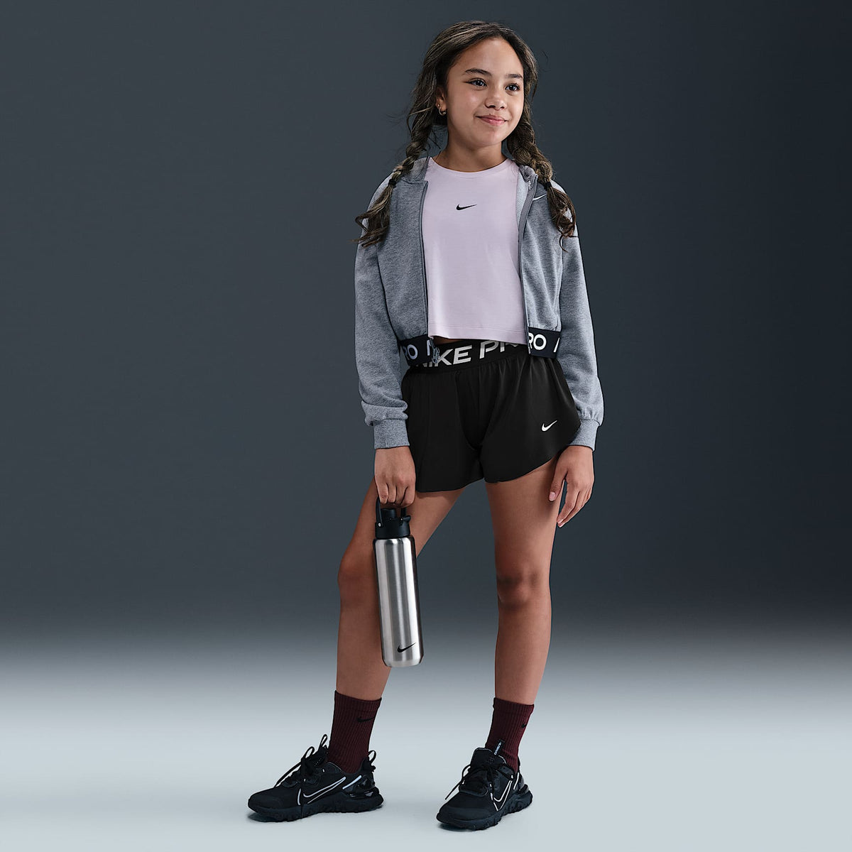 Shorts Dri-FIT 2 en 1 para niña talla grande Nike Pro – Negro/Negro/Blanco – vista 1