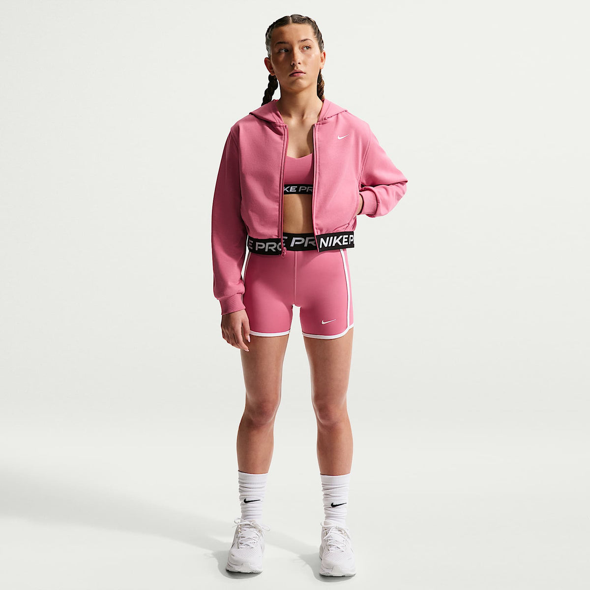 Sudadera con gorro Dri-FIT de cierre completo para niña talla grande Nike Pro Fleece – Peonía/Peonía/Negro/Blanco – vista 4