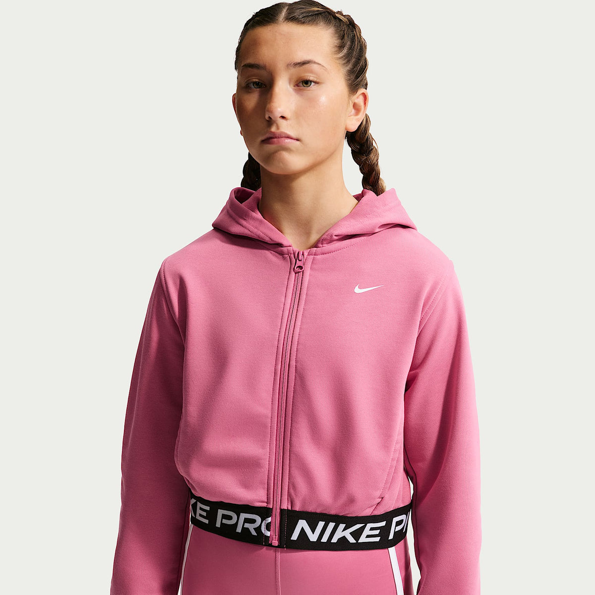 Sudadera con gorro Dri-FIT de cierre completo para niña talla grande Nike Pro Fleece – Peonía/Peonía/Negro/Blanco – vista 1