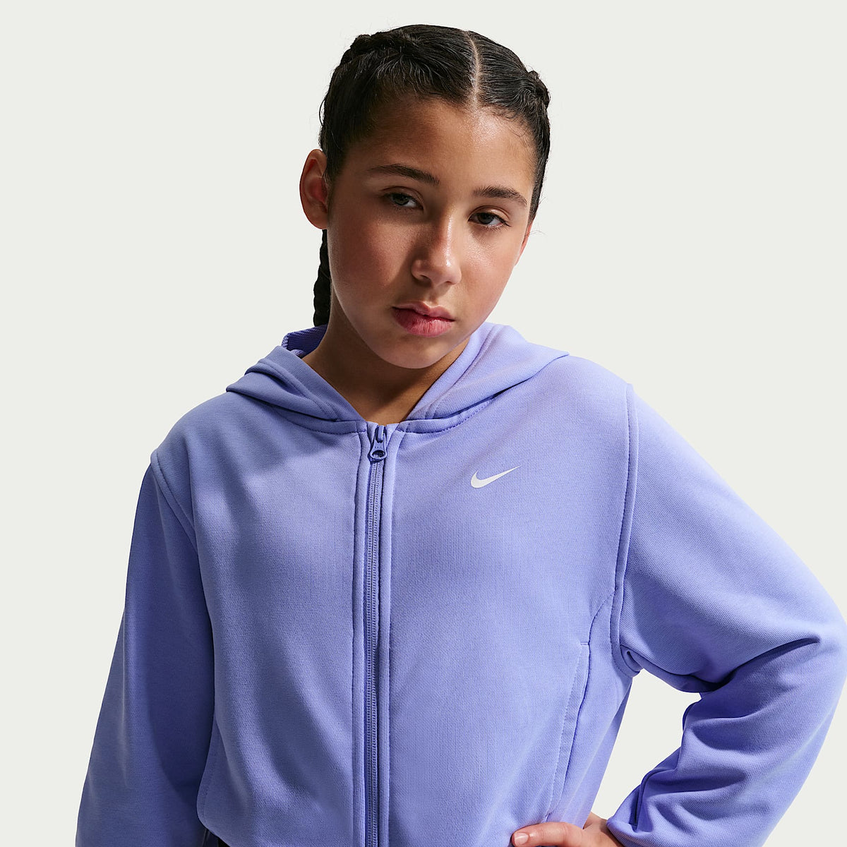 Sudadera con gorro Dri-FIT de cierre completo para niña talla grande Nike Pro Fleece – Cardo claro/Cardo claro/Negro/Blanco – vista 1