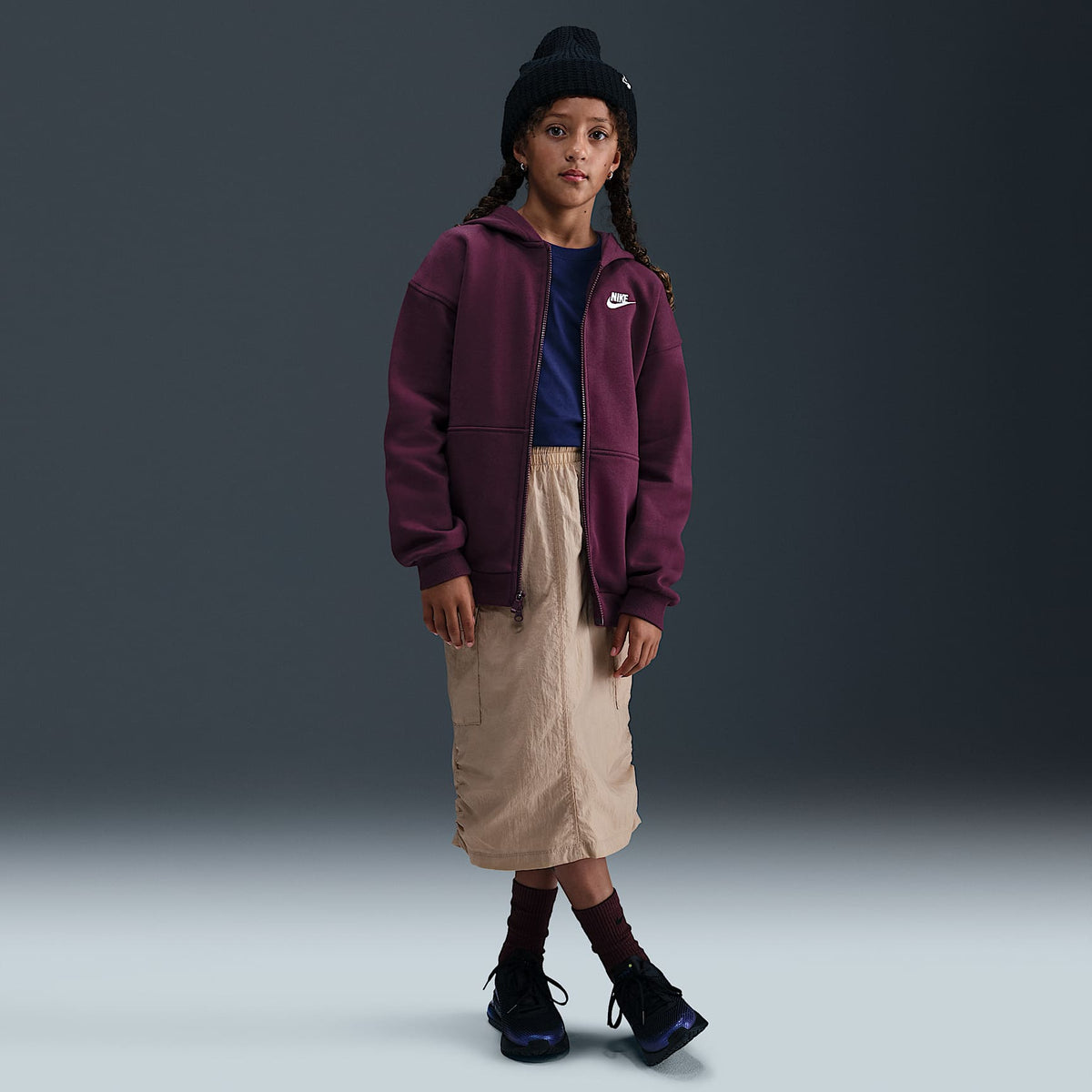 Sudadera con gorro oversized de cierre completo para niños talla grande Nike Sportswear Club Fleece – Burdeos/Blanco – vista 6