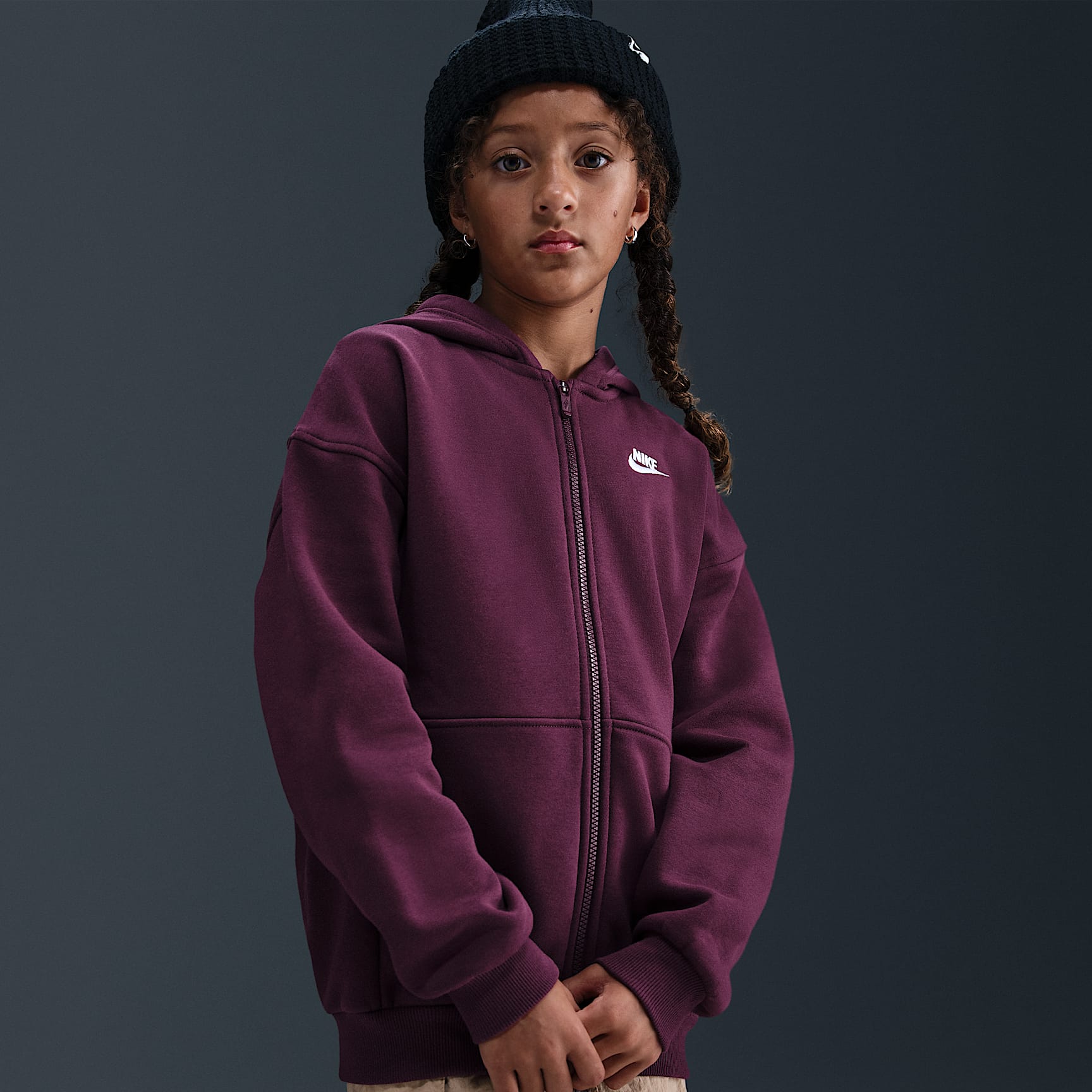 Sudadera con gorro oversized de cierre completo para niños talla grande Nike Sportswear Club Fleece – Burdeos/Blanco – vista 2