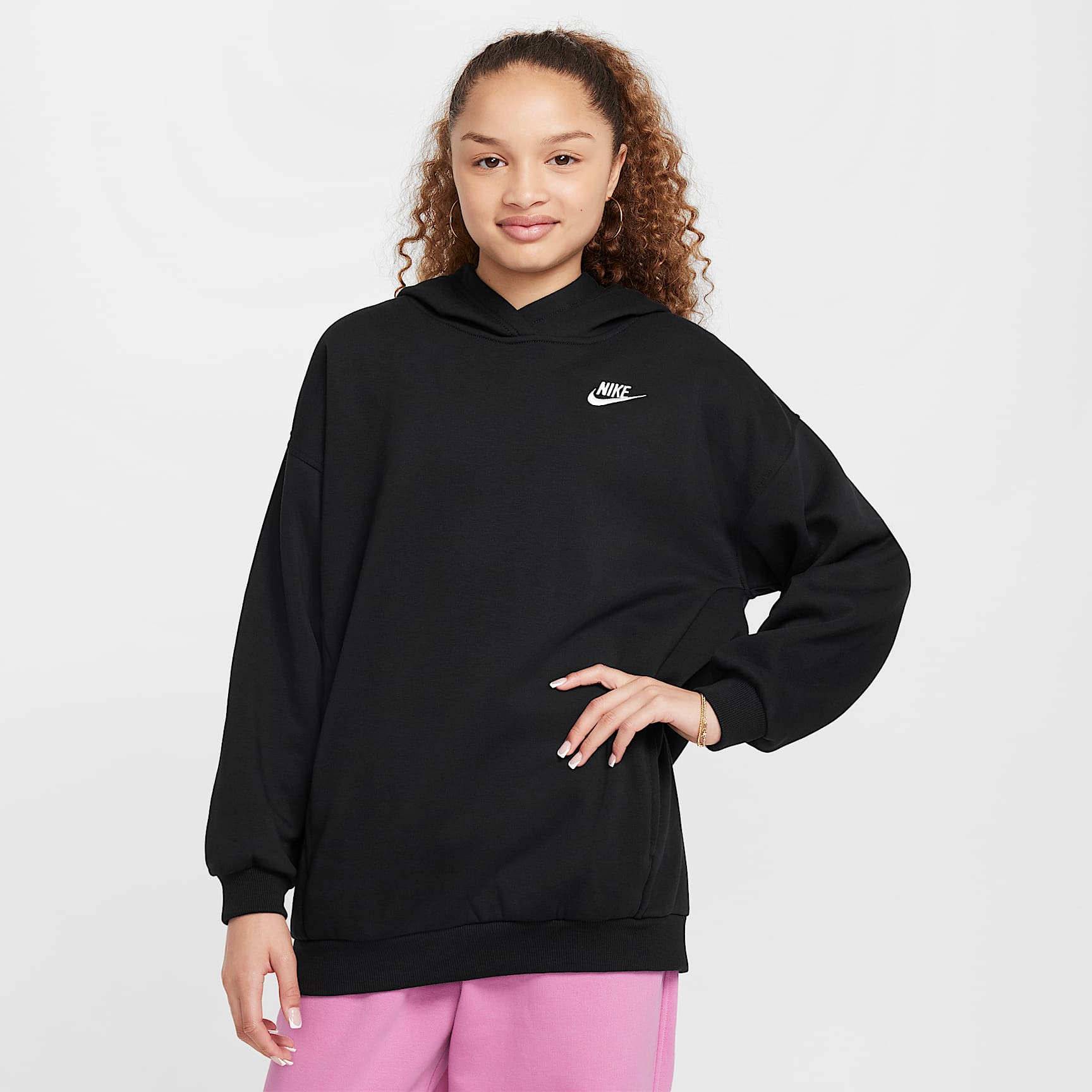 Sudadera con gorro sin cierre oversized para niños talla grande Nike Sportswear Club Fleece – Negro/Blanco – vista 1