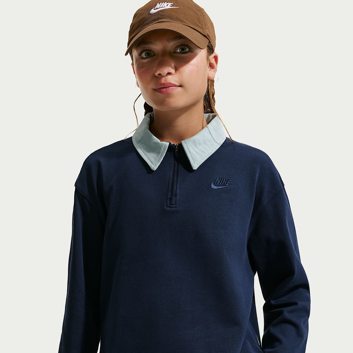 Polo de manga larga para niña talla grande Nike Sportswear Collection – Azul marino medianoche/Azul militar claro/Azul marino medianoche – vista 1