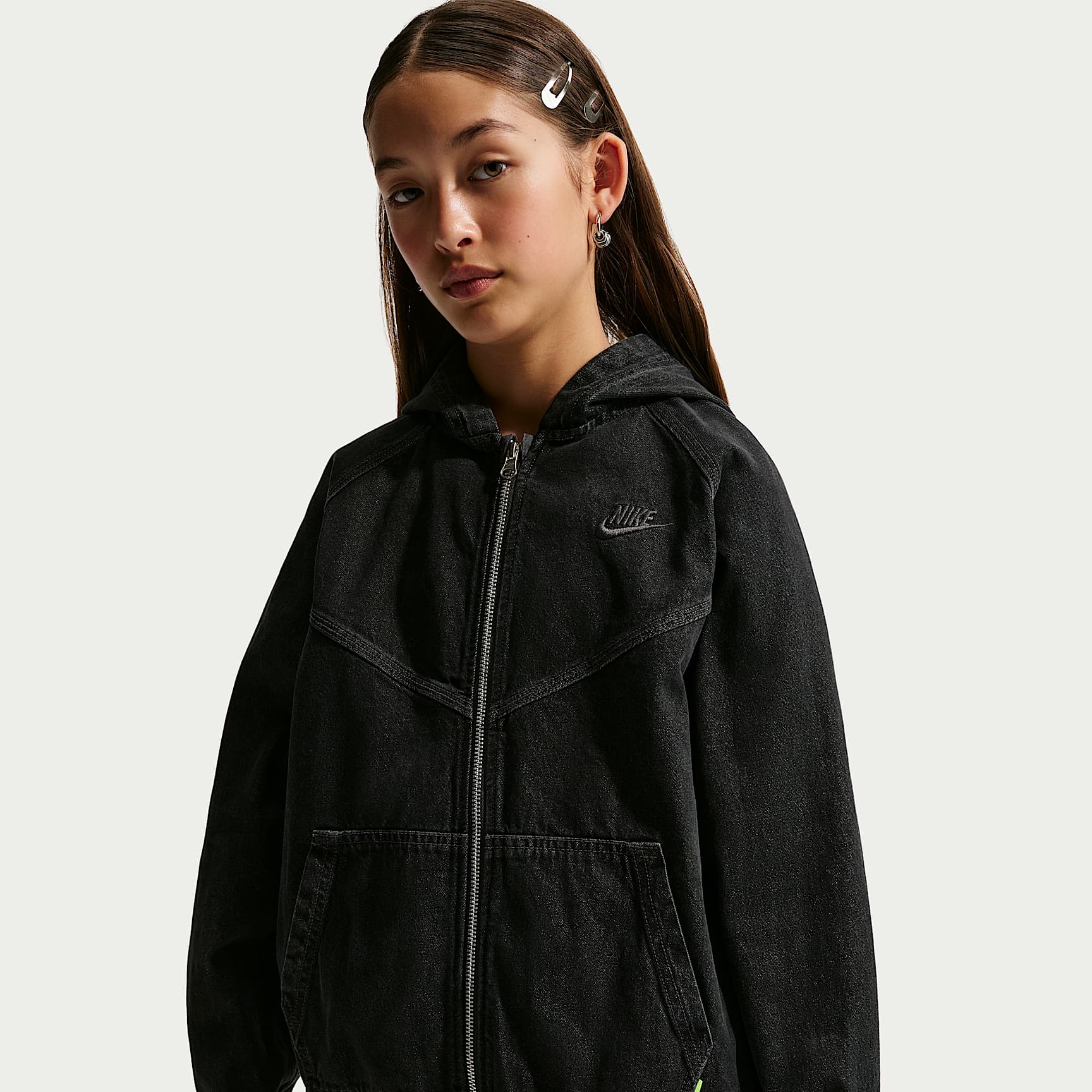 Chamarra de denim con gorro de cierre completo para niños talla grande Nike Sportswear Collection – Negro/Antracita/Antracita/Antracita – vista 2