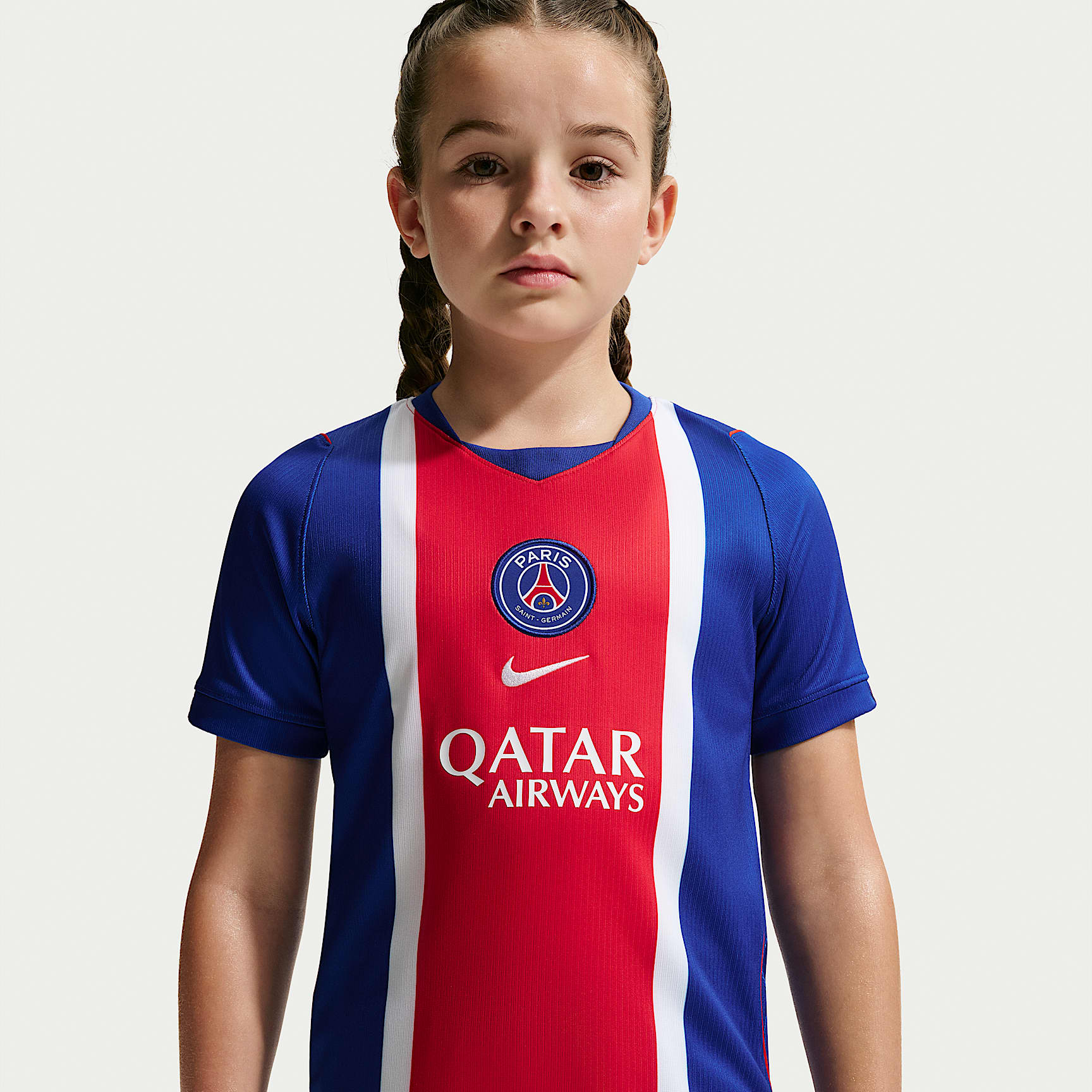 Jersey de futbol Nike Dri-FIT Replica del Paris Saint-Germain local 2026/27 Stadium para niños talla grande – Azul eléctrico/Blanco/Rojo universitario/Blanco – vista 2