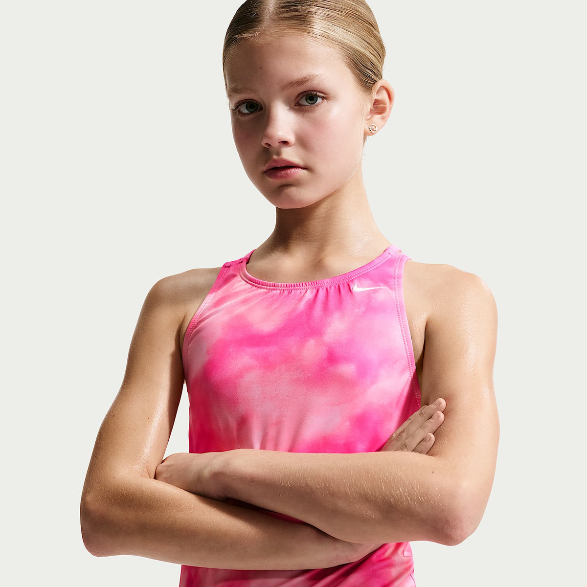 Conjunto de tankini con espalda cruzada para niña talla grande Nike Swim – Rosa resplandor – vista 4