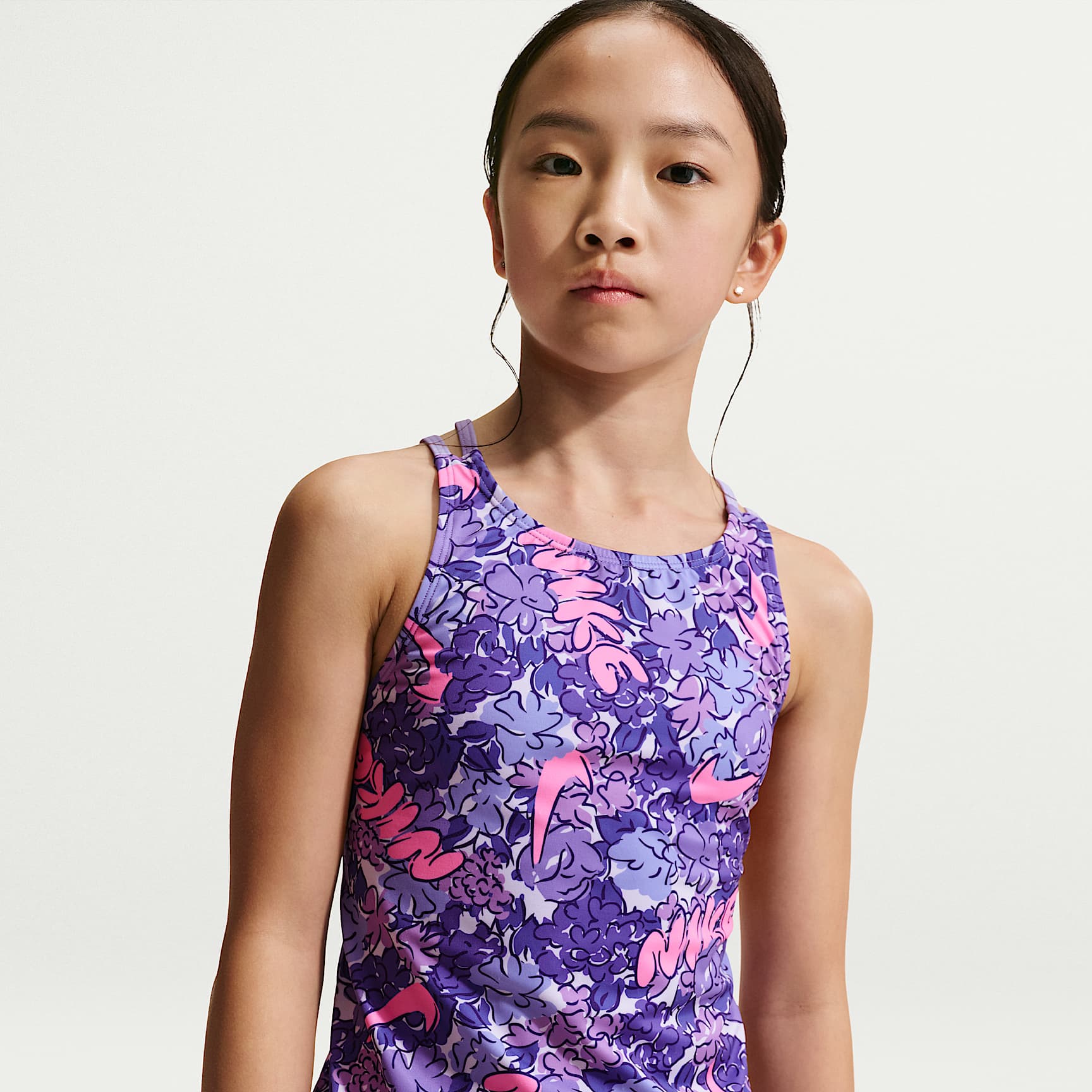 Conjunto de tankini con espalda cruzada para niña talla grande Nike Swim – Cardo claro – vista 2