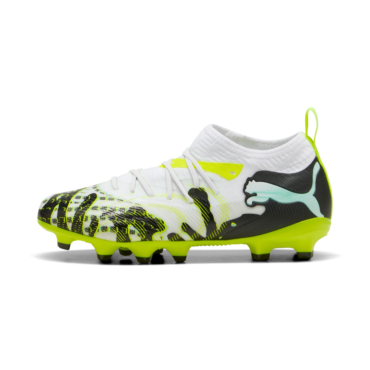 Tacos de futbol para superficies firmes y artificiales FUTURE 9 MATCH CREATIVITY para niños grandes – Yellow Alert-Mint Jelly-PUMA White-PUMA Black – vista 1