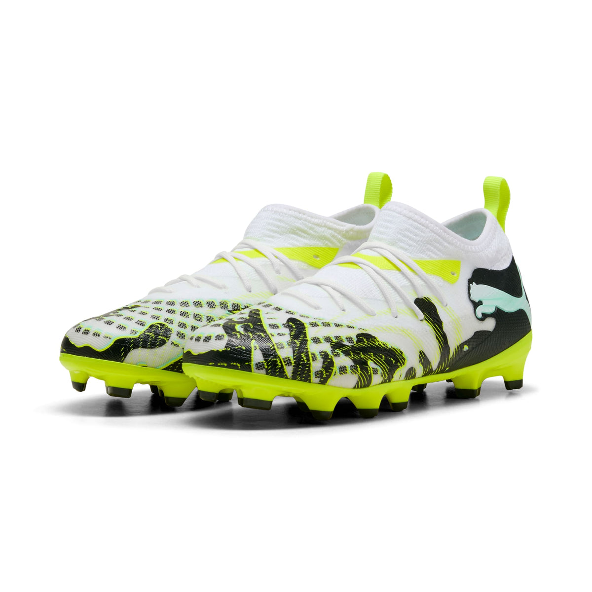 Tacos de futbol para superficies firmes y artificiales FUTURE 9 MATCH CREATIVITY para niños grandes – Yellow Alert-Mint Jelly-PUMA White-PUMA Black – vista 2
