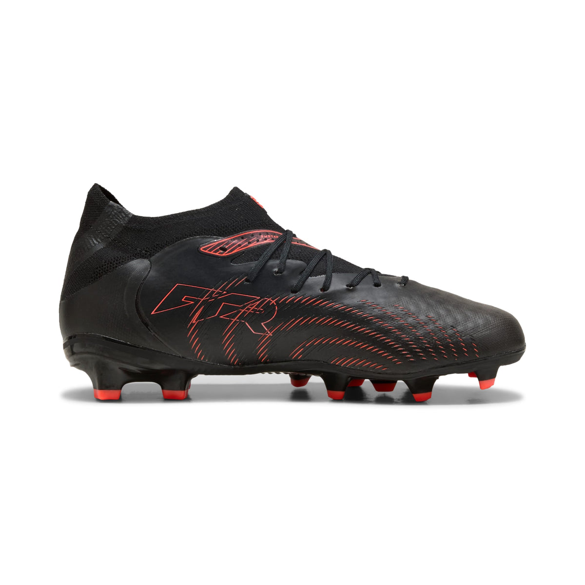 4 Colores, Tacos de futbol para superficies firmes y artificiales FUTURE 9 PRO para niños – PUMA Black-Glowing Red-Strong Gray – vista 5