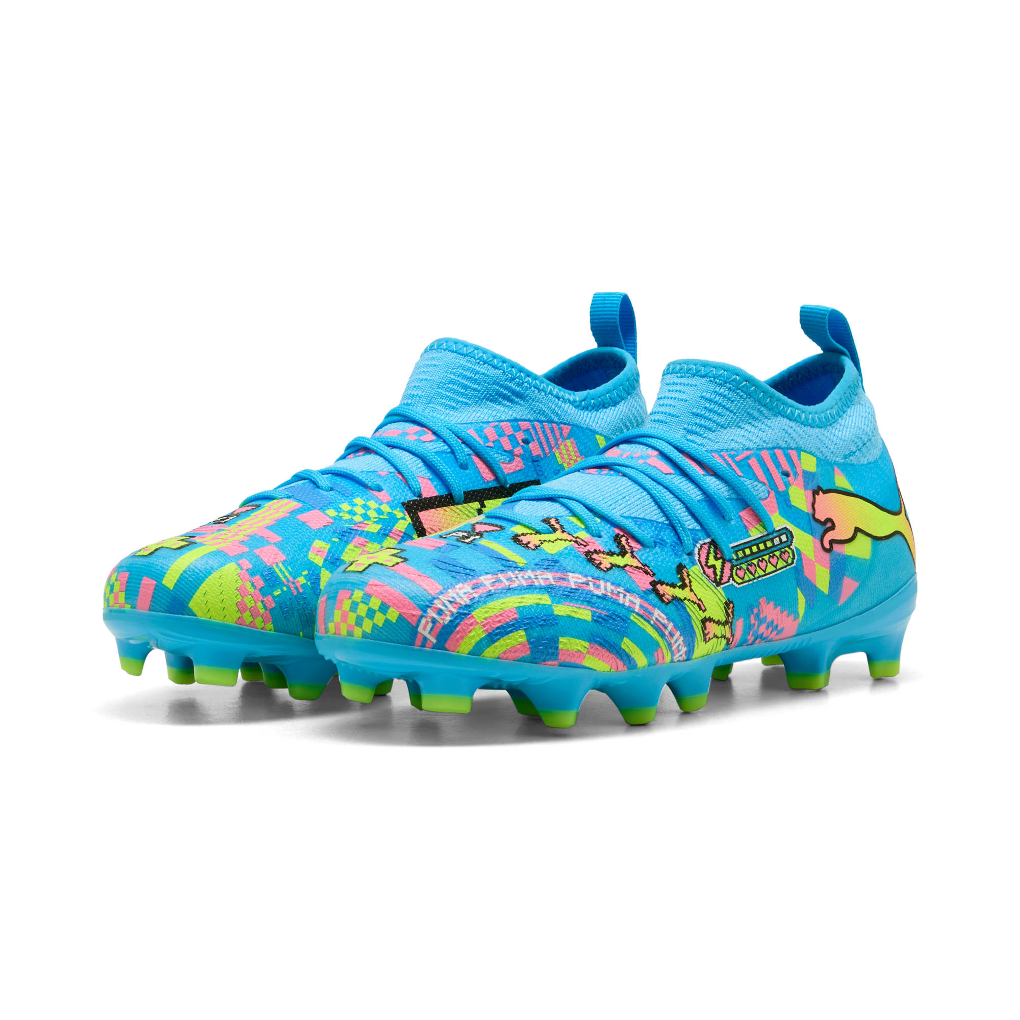 Tacos de futbol para superficies firmes y superficies artificiales FUTURE 9 MATCH ADVANCED LEVEL para niños – PUMA White-Blue Glimmer-Pink Glimmer-Yellow Alert – vista 2