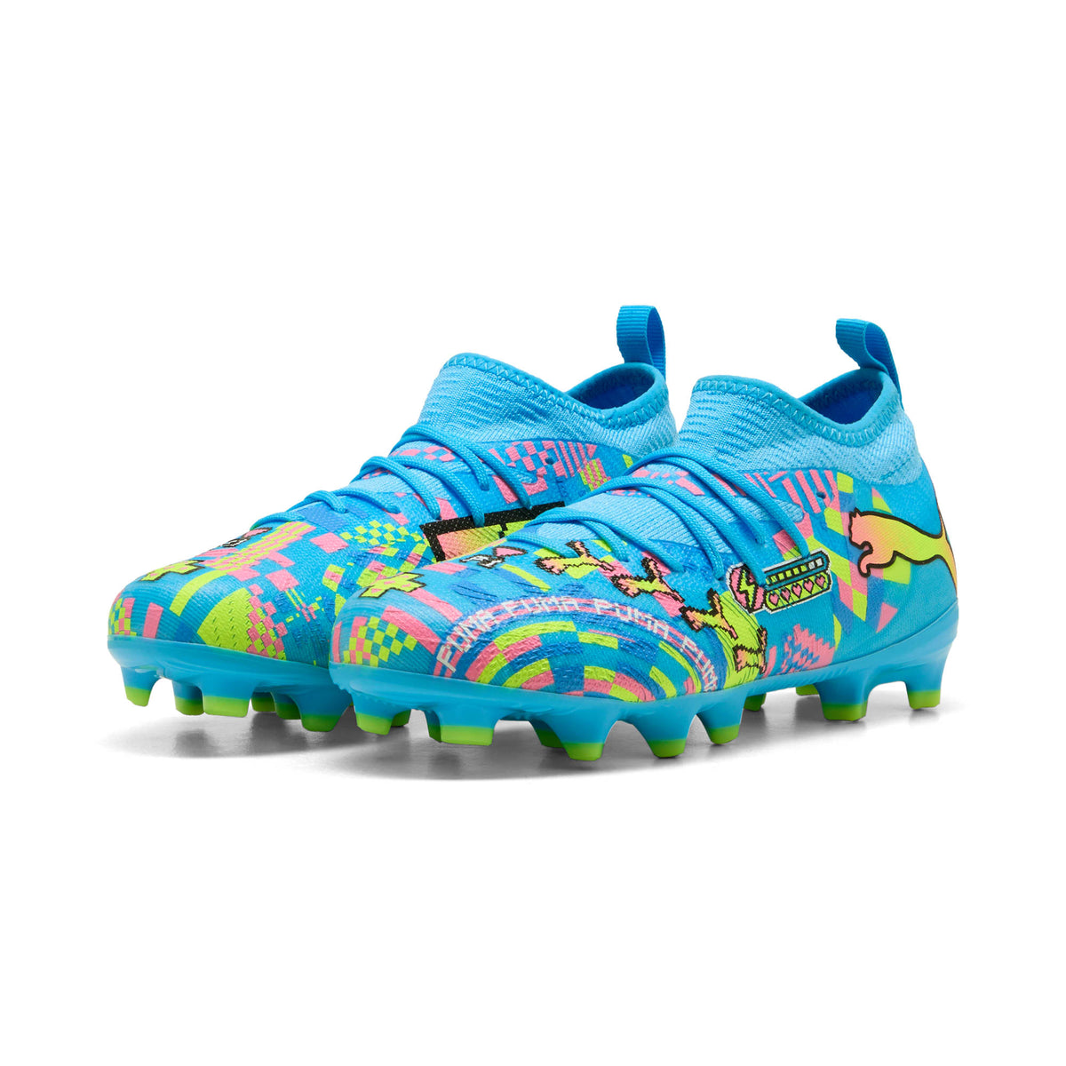 Tacos de futbol para superficies firmes y superficies artificiales FUTURE 9 MATCH ADVANCED LEVEL para niños – PUMA White-Blue Glimmer-Pink Glimmer-Yellow Alert – vista 2