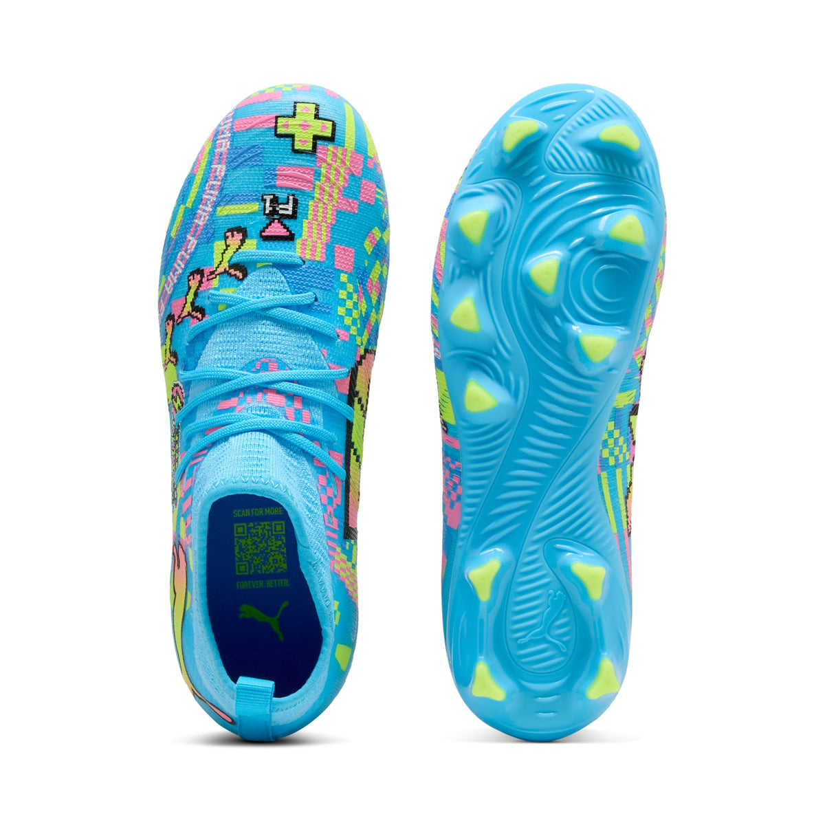 Tacos de futbol para superficies firmes y superficies artificiales FUTURE 9 MATCH ADVANCED LEVEL para niños – PUMA White-Blue Glimmer-Pink Glimmer-Yellow Alert – vista 4