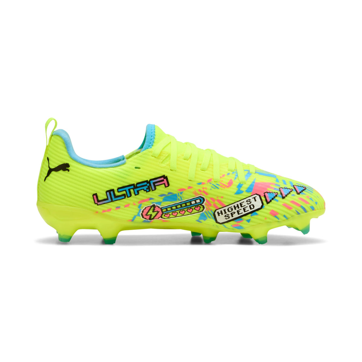 Tacos de futbol para superficies firmes y superficies artificiales ULTRA 7 MATCH ADVANCED LEVEL para niños – PUMA White-Blue Glimmer-Pink Glimmer-Yellow Alert – vista 5