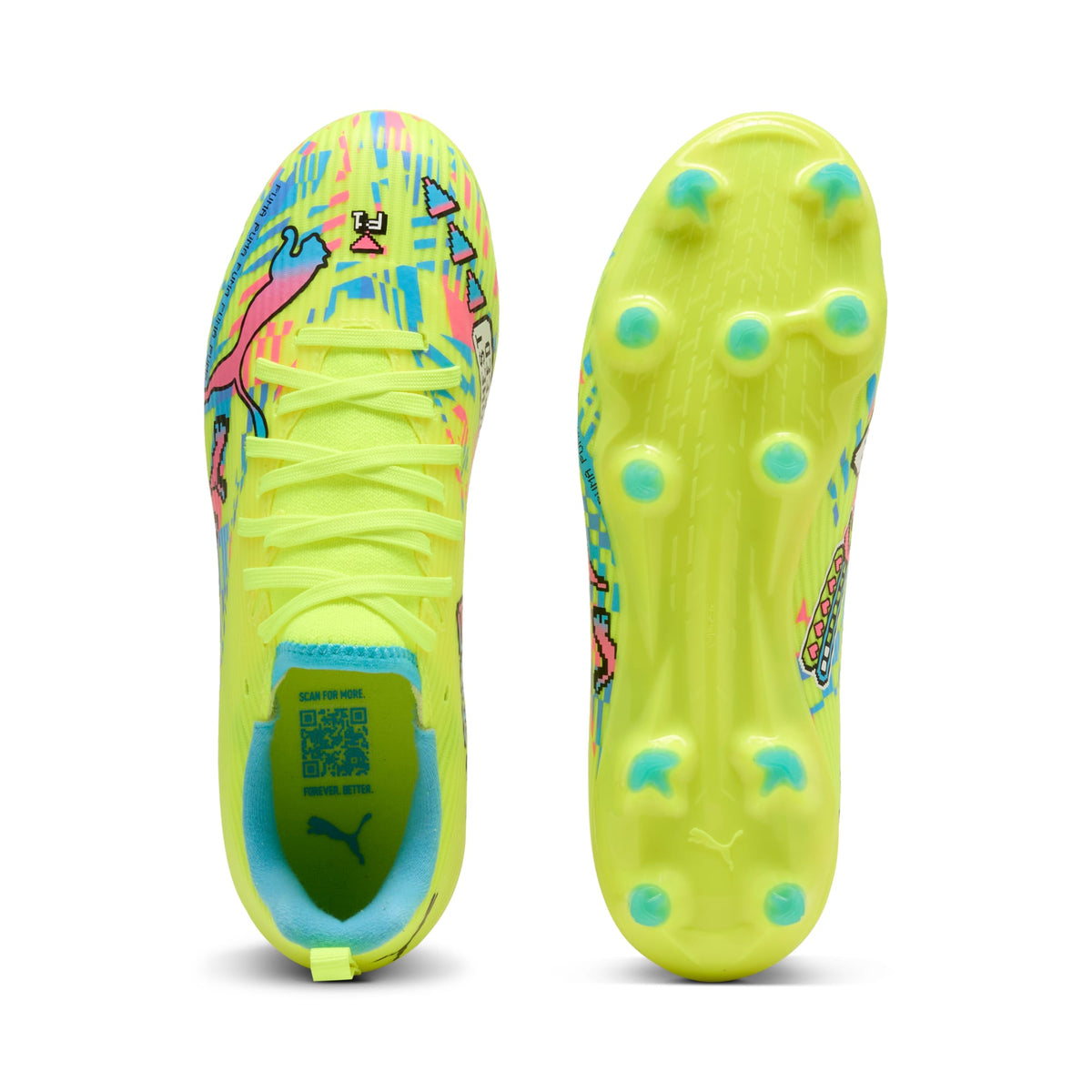 Tacos de futbol para superficies firmes y superficies artificiales ULTRA 7 MATCH ADVANCED LEVEL para niños – PUMA White-Blue Glimmer-Pink Glimmer-Yellow Alert – vista 4