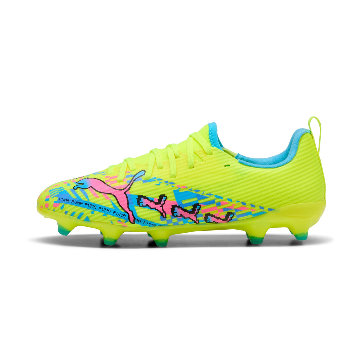 Tacos de futbol para superficies firmes y superficies artificiales ULTRA 7 MATCH ADVANCED LEVEL para niños – PUMA White-Blue Glimmer-Pink Glimmer-Yellow Alert – vista 1