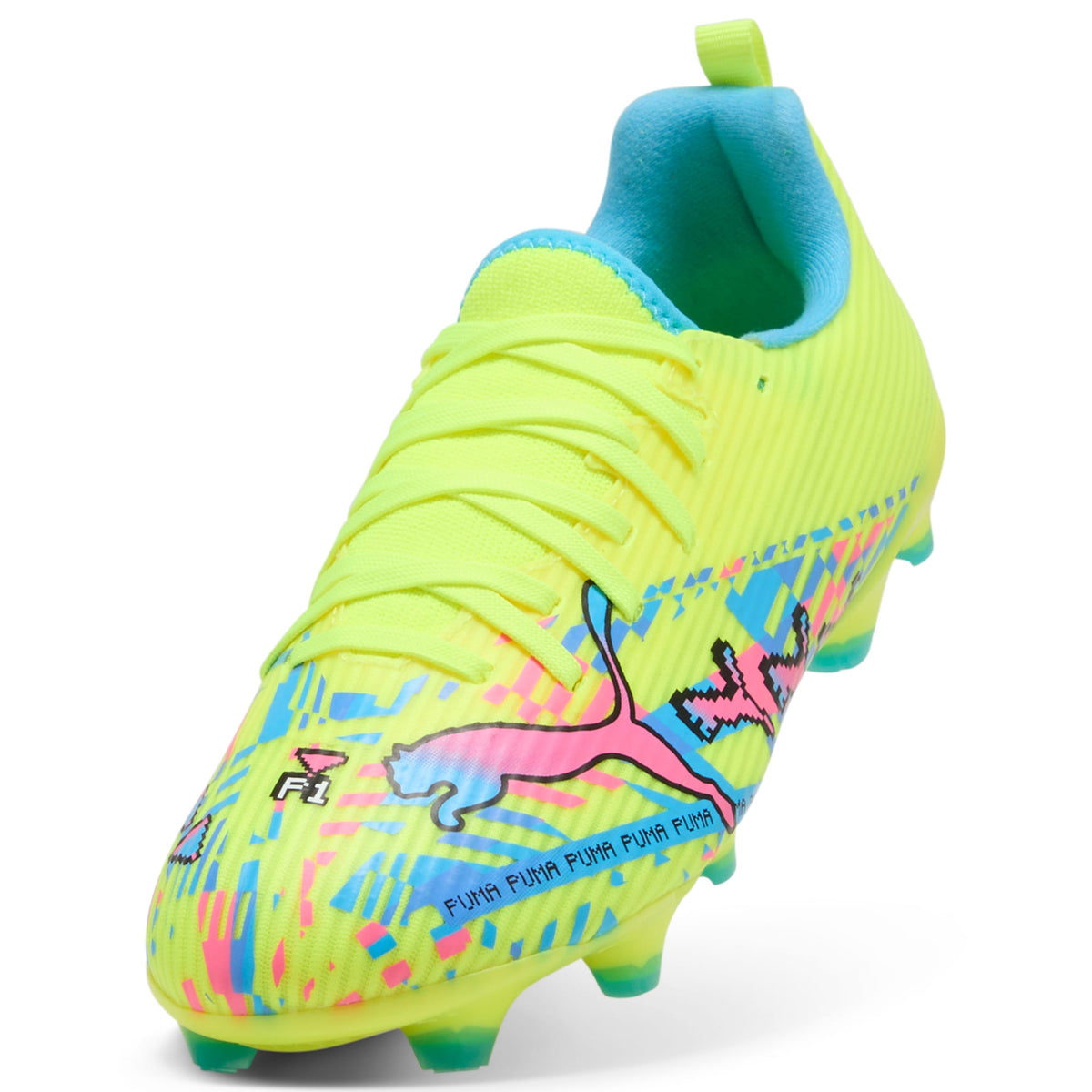 Tacos de futbol para superficies firmes y superficies artificiales ULTRA 7 MATCH ADVANCED LEVEL para niños – PUMA White-Blue Glimmer-Pink Glimmer-Yellow Alert – vista 6