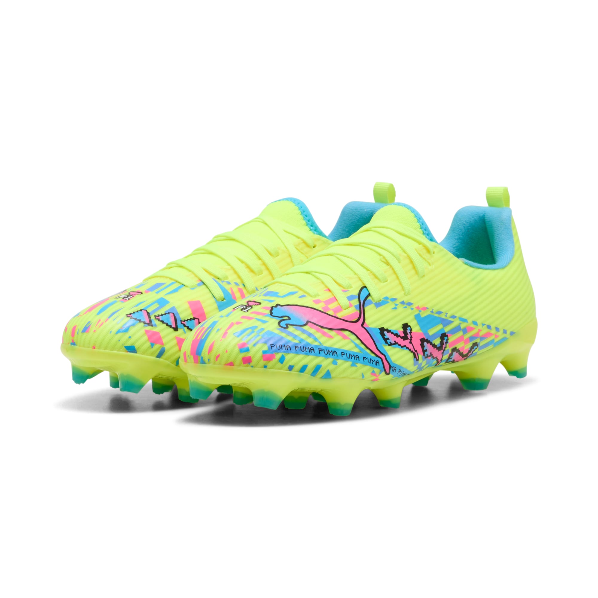 Tacos de futbol para superficies firmes y superficies artificiales ULTRA 7 MATCH ADVANCED LEVEL para niños – PUMA White-Blue Glimmer-Pink Glimmer-Yellow Alert – vista 2