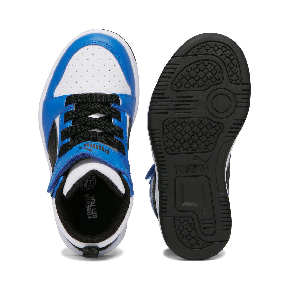 2 Colores, Tenis Rebound V6 Mid para niños – PUMA White-PUMA Black-Racing Blue – vista 4