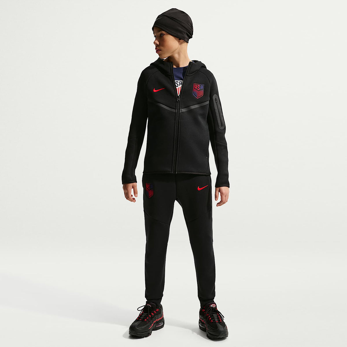 Pants de fútbol Nike para niño talla grande USMNT Tech Fleece – Negro/Rojo reto – vista 1