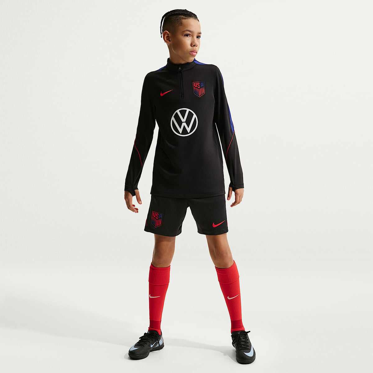 Shorts de fútbol de la selección nacional masculina de Estados Unidos Strike de tejido Knit Nike Dri-FIT para niños talla grande – Negro/Azul royal intenso/Rojo reto – vista 1