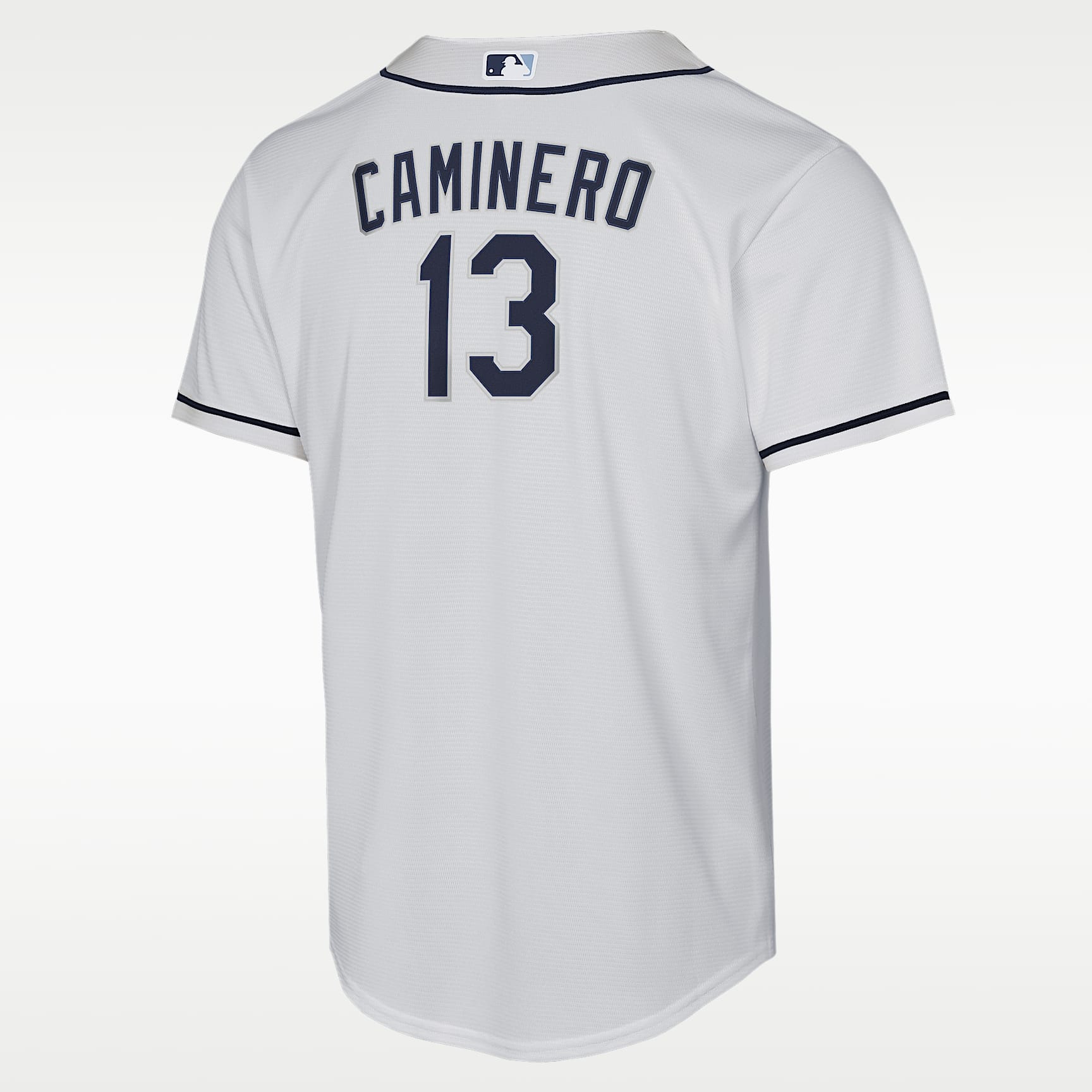 Jersey Nike de la MLB Replica local para niños talla grande Junior Caminero Tampa Bay Rays Baseline – Blanco/Azul/Amarillo – vista 2