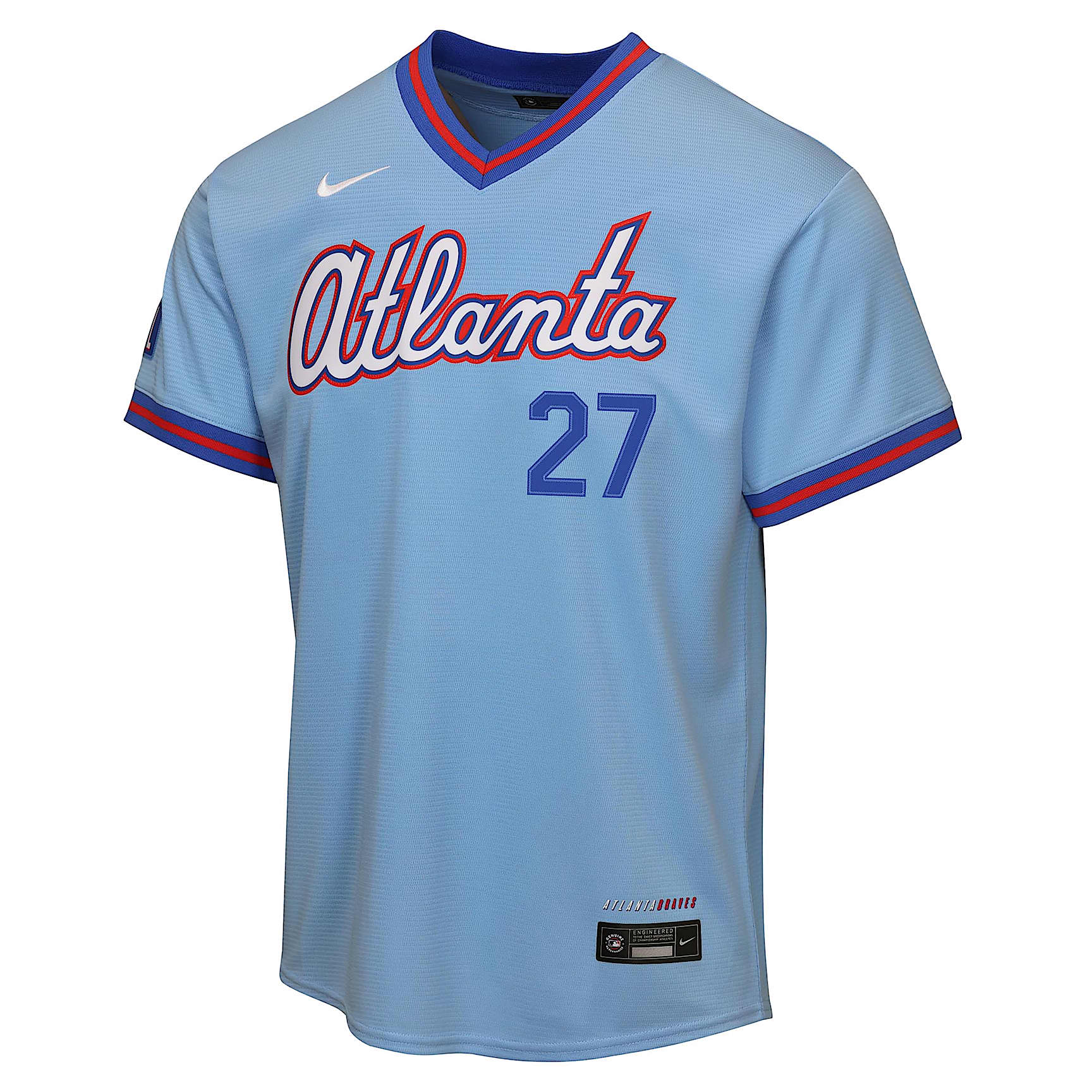 Jersey Nike Stadium de la MLB para niño grande de Austin Riley, Atlanta Braves, edición City Connect – Azul claro – vista 1