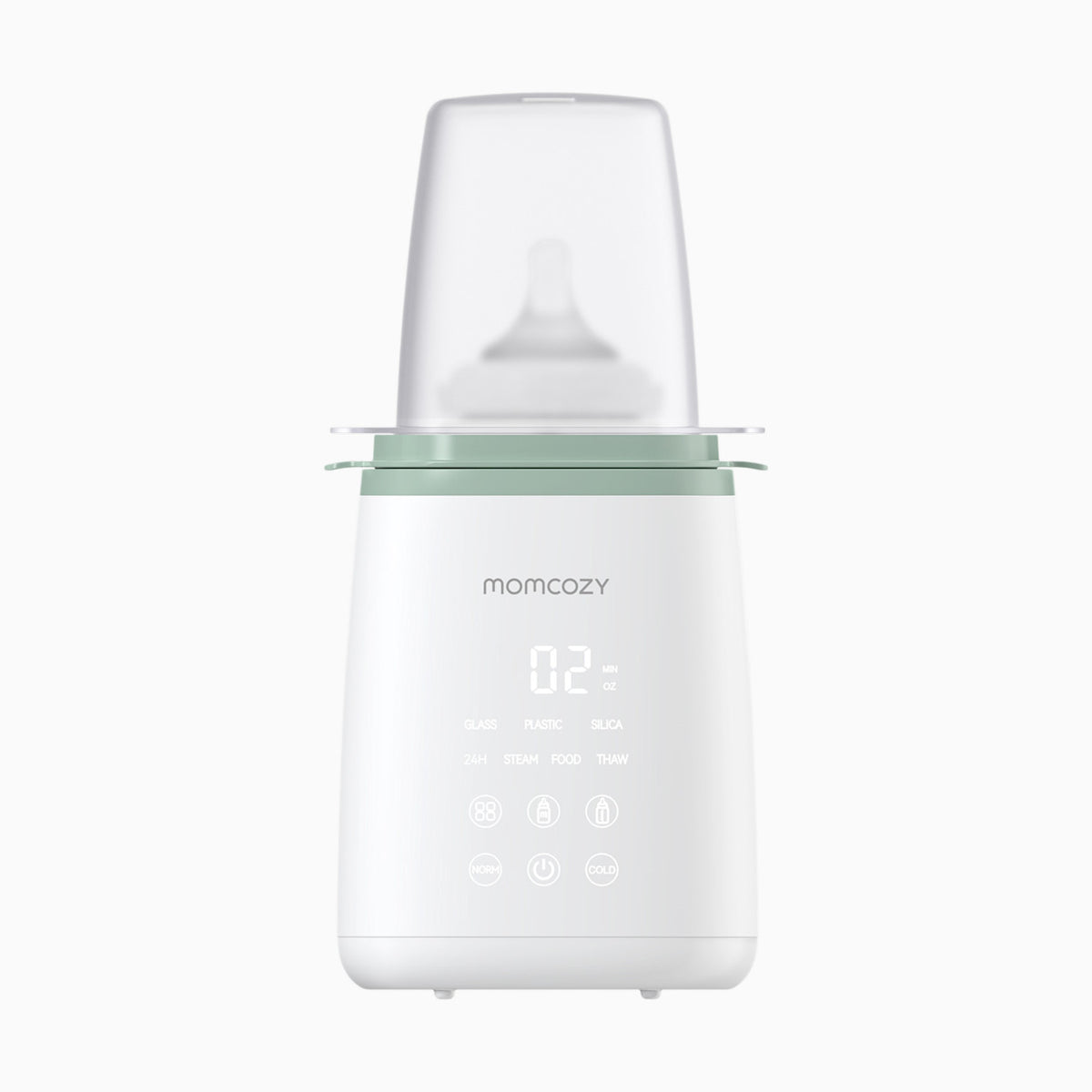 Calentador de biberones Momcozy White/Sage, vista frontal
