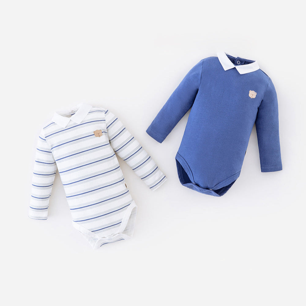 Paquete de dos bodies Babyfresh de manga larga, azul liso y rayas