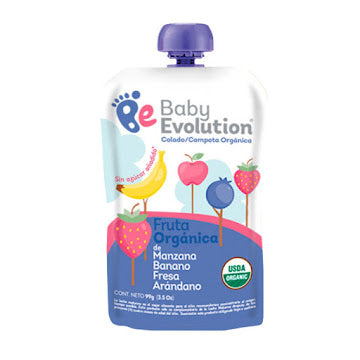 Compota Baby Evolution Orgánica Fruta De Manzana Banano Fresa Arándano X 99 Gr