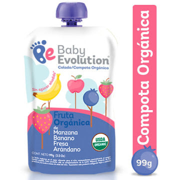 Compota Baby Evolution Orgánica Fruta De Manzana Banano Fresa Arándano X 99 Gr