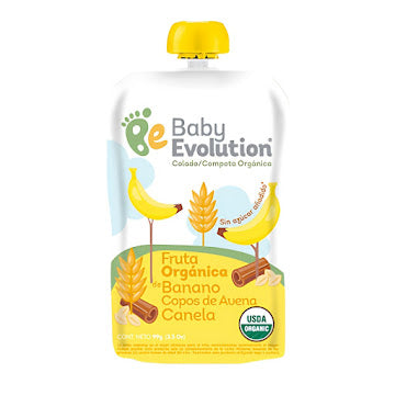 Compota baby Evolution Orgánica Fruta De Banano Copos De Avena Canela X 99 Gr
