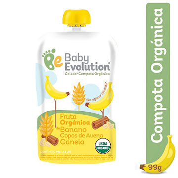 Compota baby Evolution Orgánica Fruta De Banano Copos De Avena Canela X 99 Gr