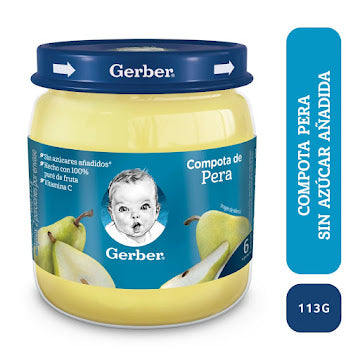 Compota Gerber Puré De Pera Sin Azúcar Frasco X 113 Gr